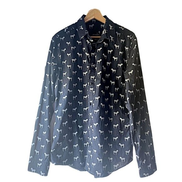 Zebra Pattern Navy H&M Button Down Shirt Size Men's Large Slim Fit - Picture 1 of 4